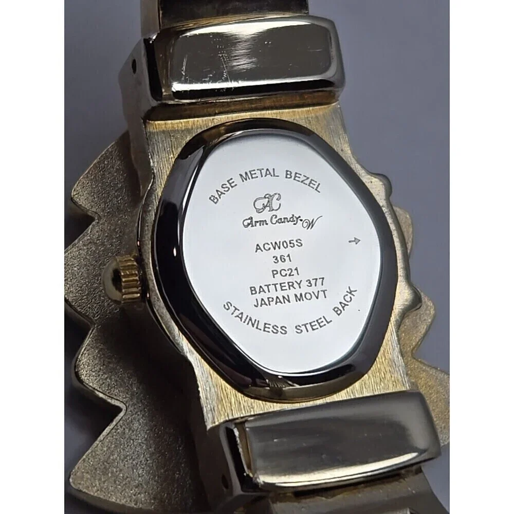Arm Candy Christmas Tree Ladies Cuff Watch Quartz Gold Tone New Battery Xmas Fun
